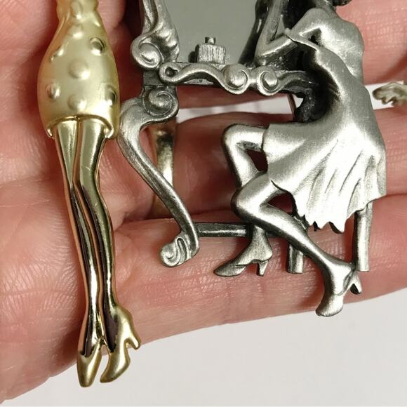 Vintage AJC Signed Mirror Sitting Lady Woman Figural Brooch Pin 3 Lot Set - Picture 7 of 16